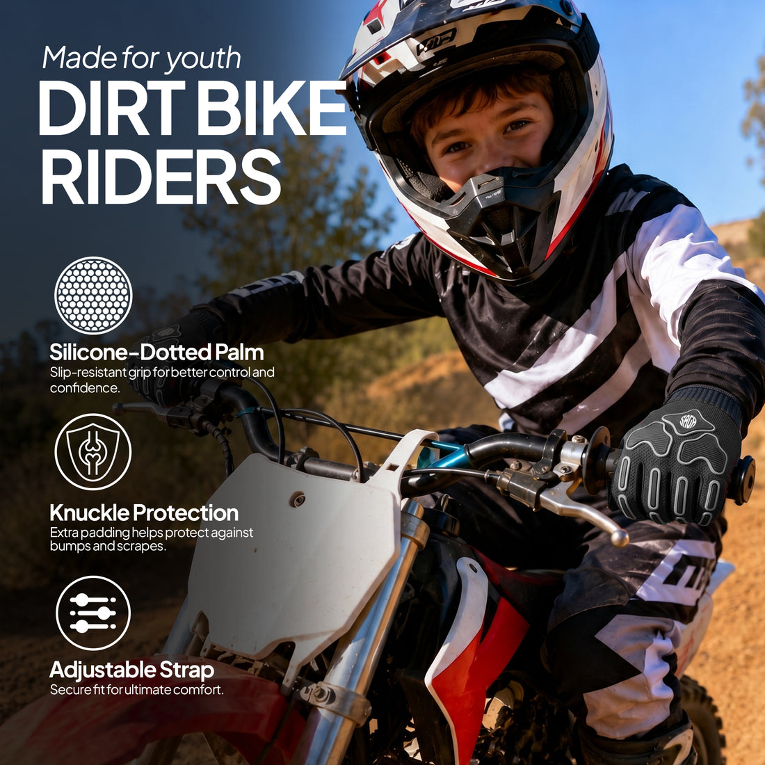 Kids Dirt Bike Gloves – Youth Motocross BMX Riding Gloves for Boys Girls, Off-Road Mountain Bike Cycling Gloves for Kids Ages 3-12