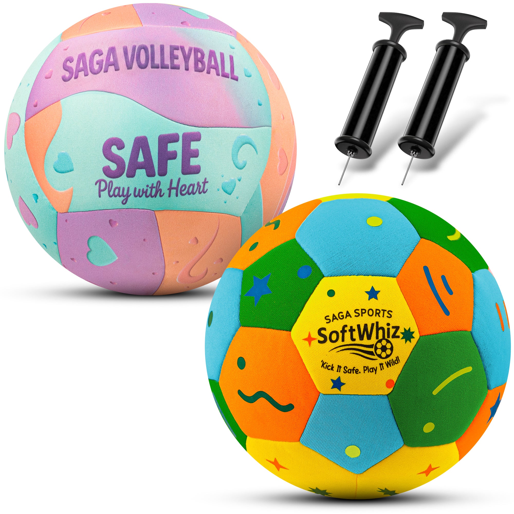 Kids Soft Ball Bundle - Volleyball & Indoor Soccer Ball with 2 Pumps