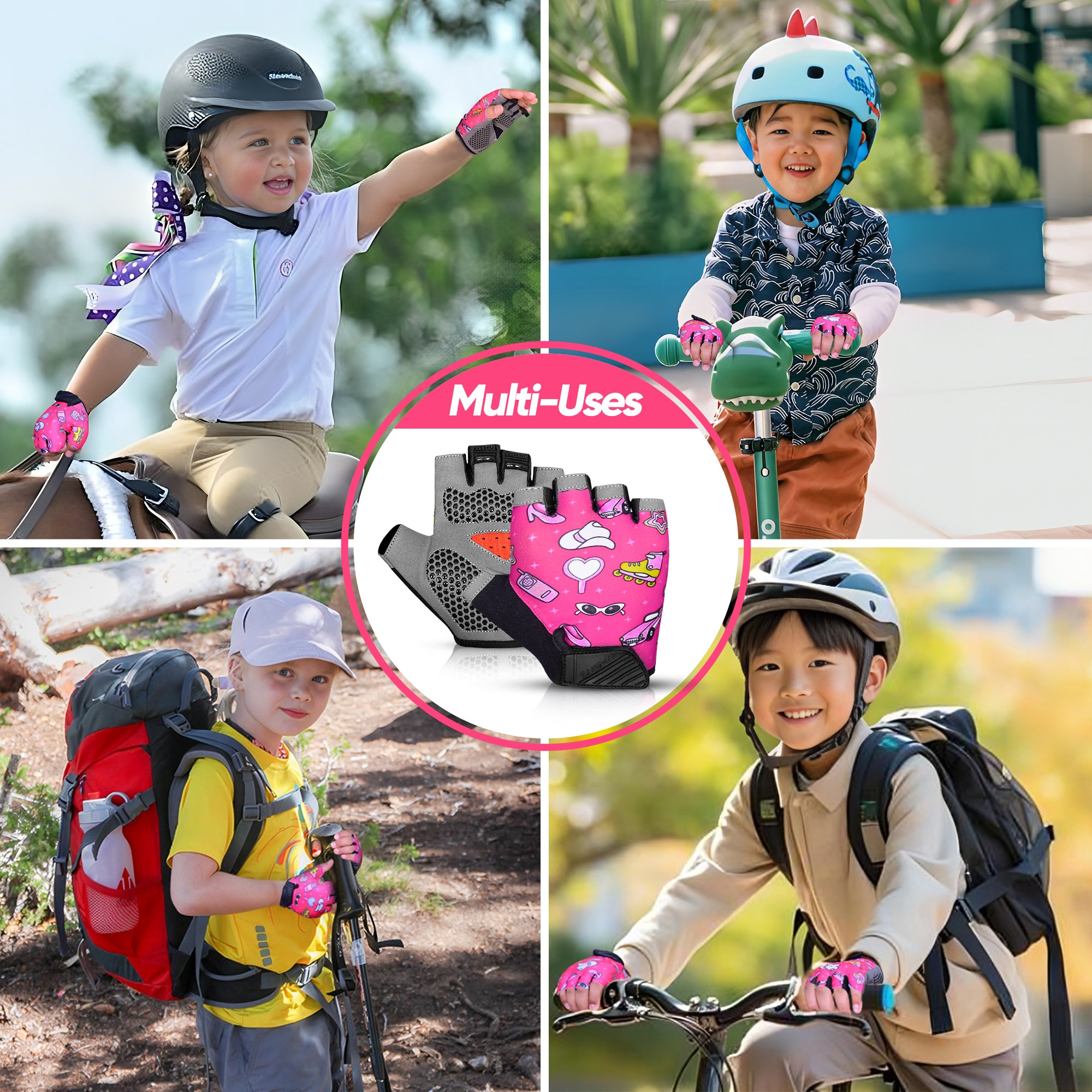 Kids Cycling Gloves Half Finger Pink