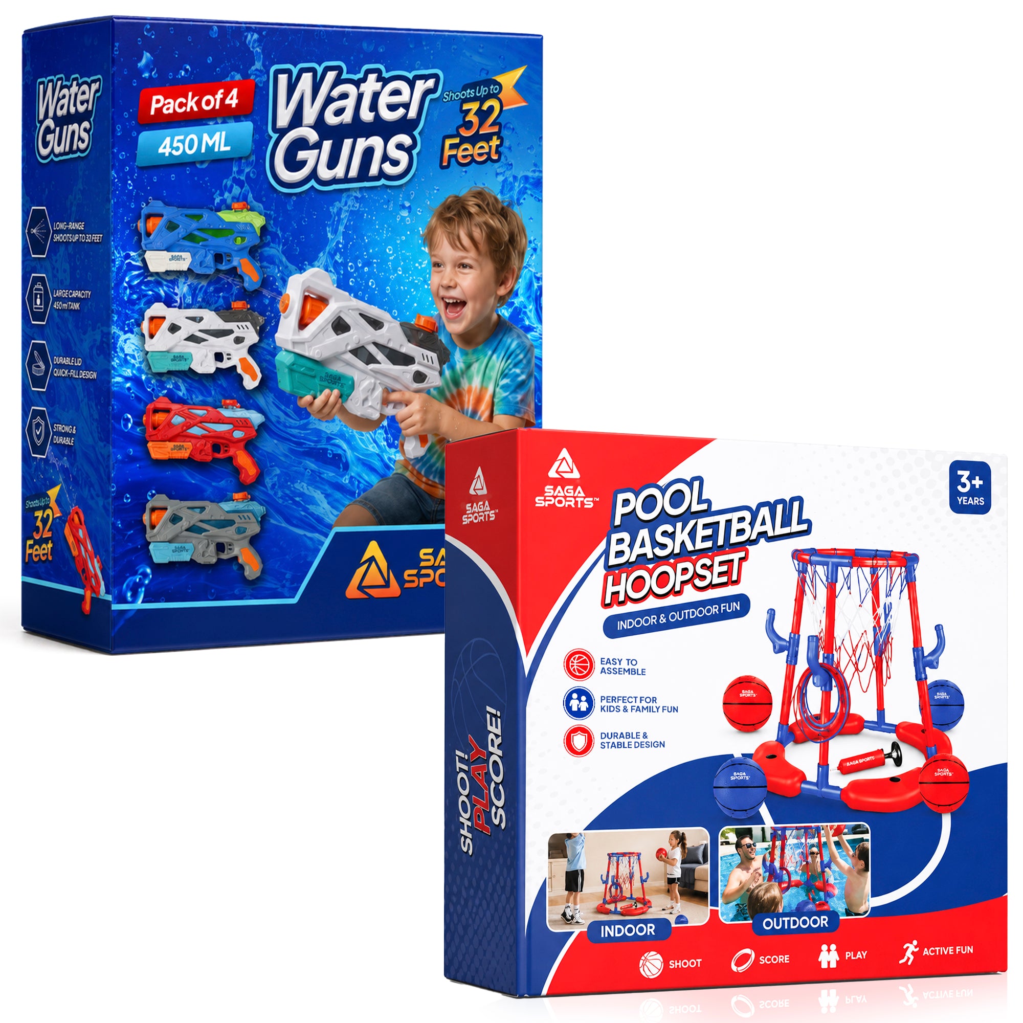 Kids Summer Water Fun Bundle – 4 Water Guns + Pool Basketball Hoop Set