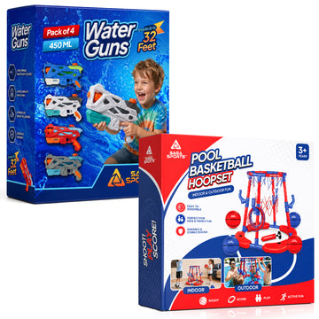 Kids Summer Water Fun Bundle – 4 Water Guns + Pool Basketball Hoop Set